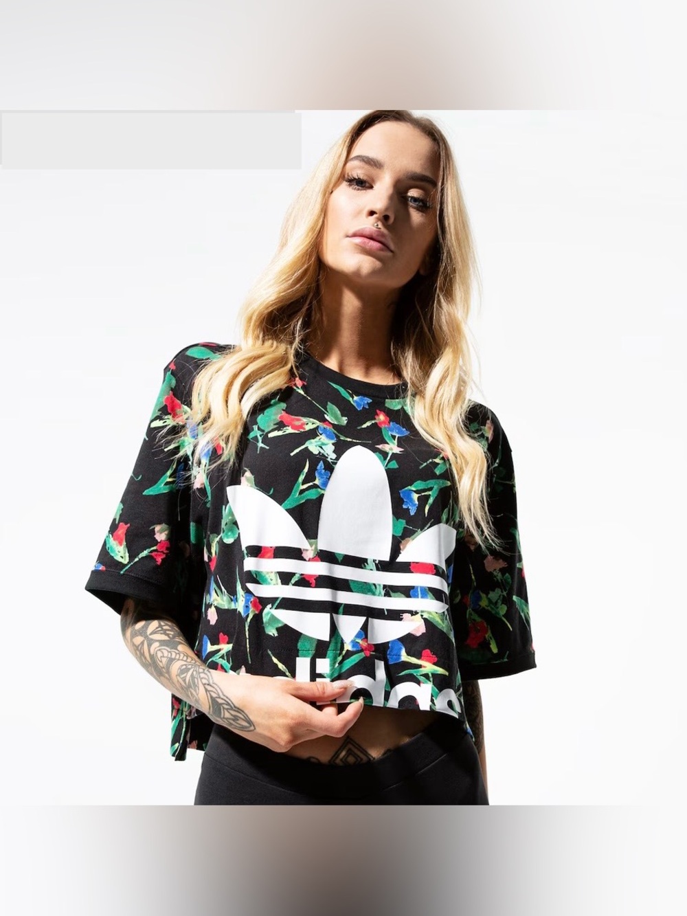 Adidas Originals Bellista Cropped Black Floral Cropped Shirt Womens S Trefoil